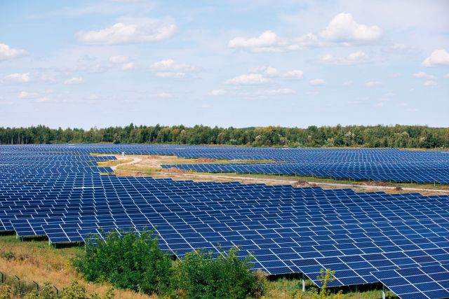 Solar panels in aerial view. Solar panels system power generator